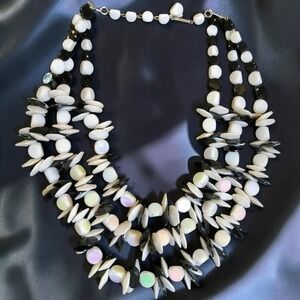 Vintage W Germany Black White‎ AB 3-Strand Necklace